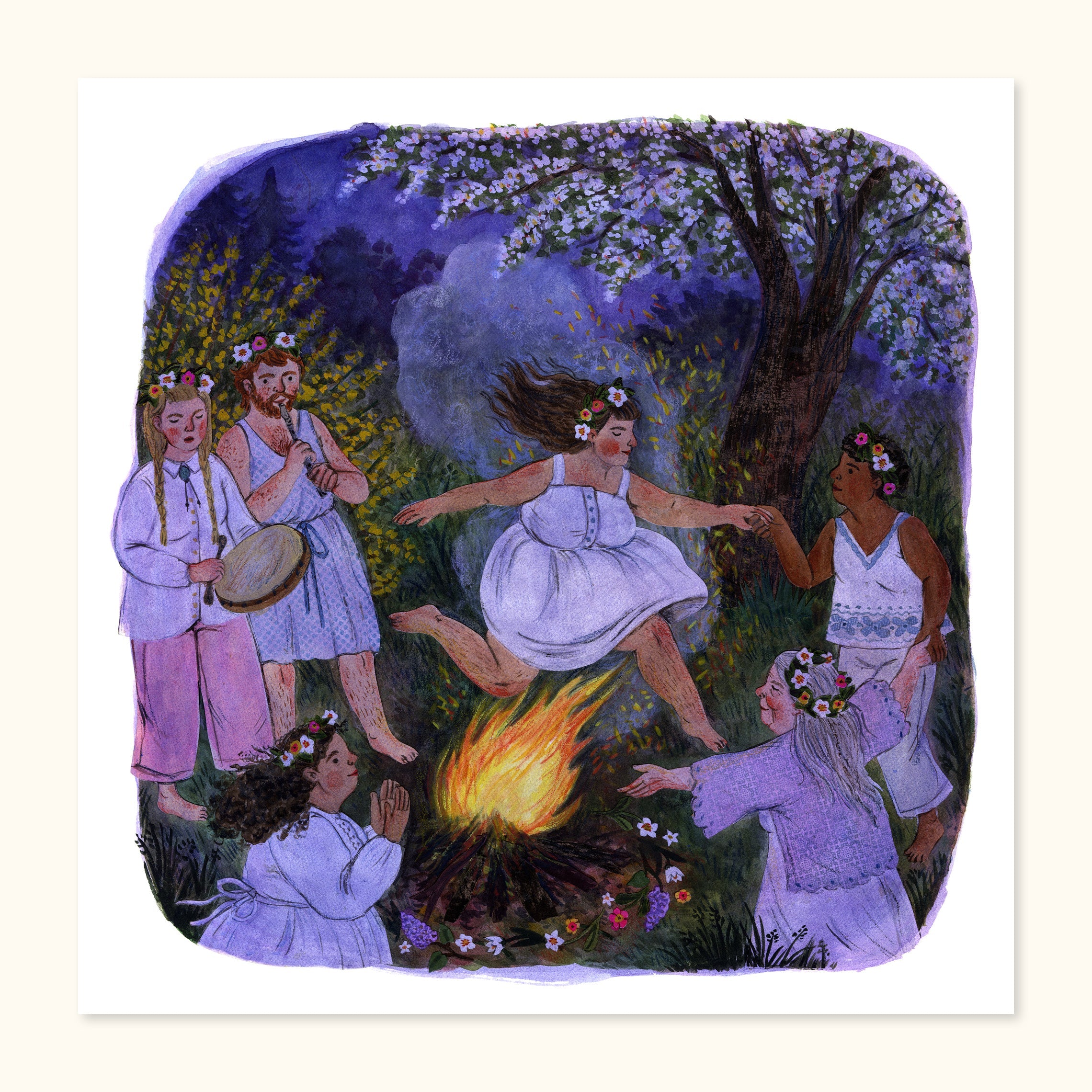 Illustration of a group of people around a campfire celebrating Beltane in a forest setting