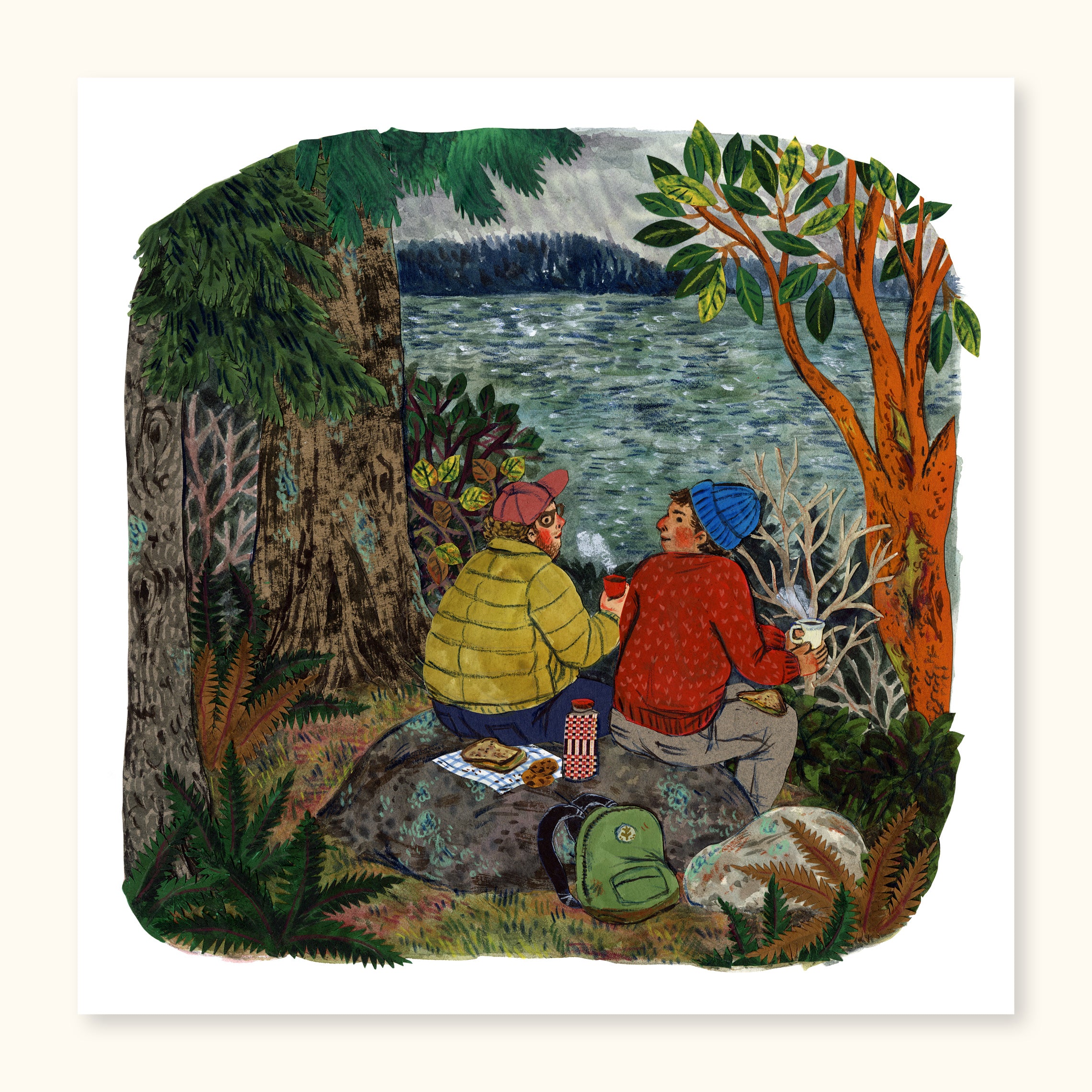 Enjoy majestic lake views and good friends with The Lookout Print. This stunning piece of art is a perfect way to capture a special moment of connecting in nature.