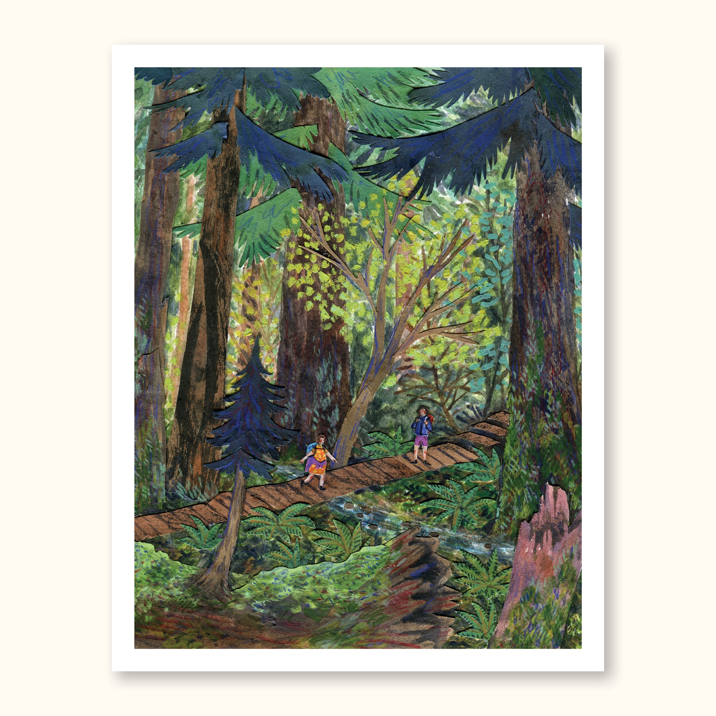 Some small folks exploring the big woods, this piece breathes the life of the forest into it's surroundings. This piece is part of the 2023 Archive Collection; a selection of Phoebe’s most beloved archived illustrations brought out of the vault as high quality prints to celebrate the 10 year anniversary of Phoebe’s business. These pieces were originally created with watercolor, collage, colored pencil, and gouache from 2013-2015.