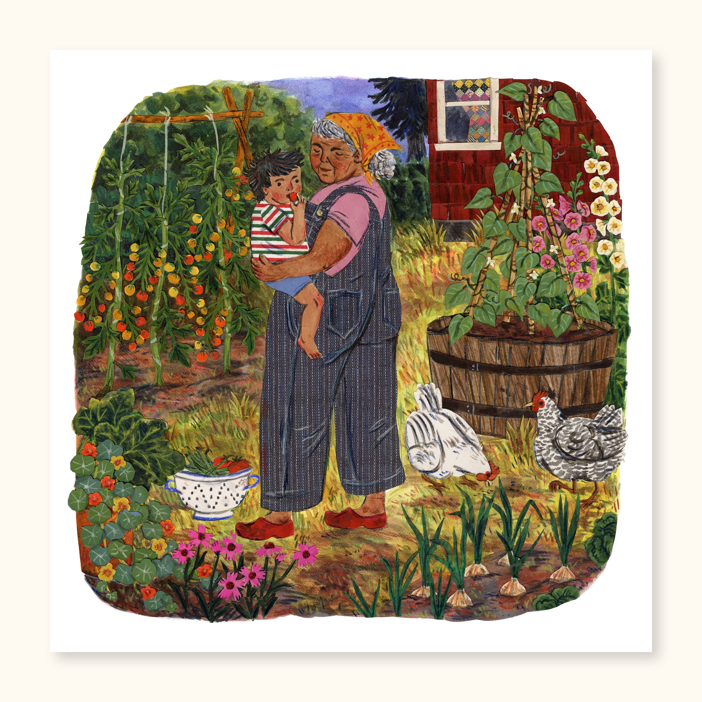 The Vegetable Garden Print brings a touch of outdoor charm to your space. Featuring a quaint garden with chickens, flowers, and a child enjoying fresh grown veg with grandma amidst a gentle summer breeze. This print is sure to bring joy and comfort to all who view it.