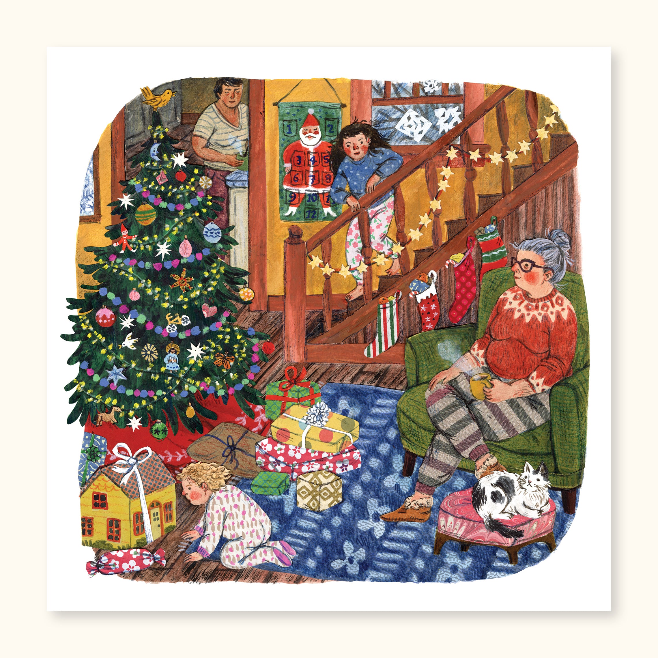 Bring some holiday warmth to your hearth and home with this charming Christmas Morning print! Relish in the magic of coming down for presents on the big day.