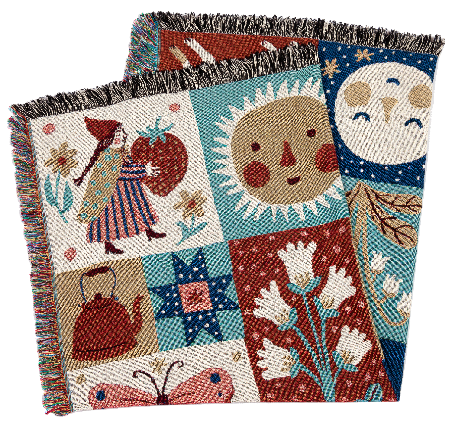 Phoebe's beautiful woven throw blankets are back! The Sunshine Throw Blanket is a wonder-filled patchwork design that includes classic Phoebe Wahl imagery of mushrooms, gnomes, and flowers. These amazing woven works of art can be hung on the wall as a tapestry or used as a throw to brighten up your space.