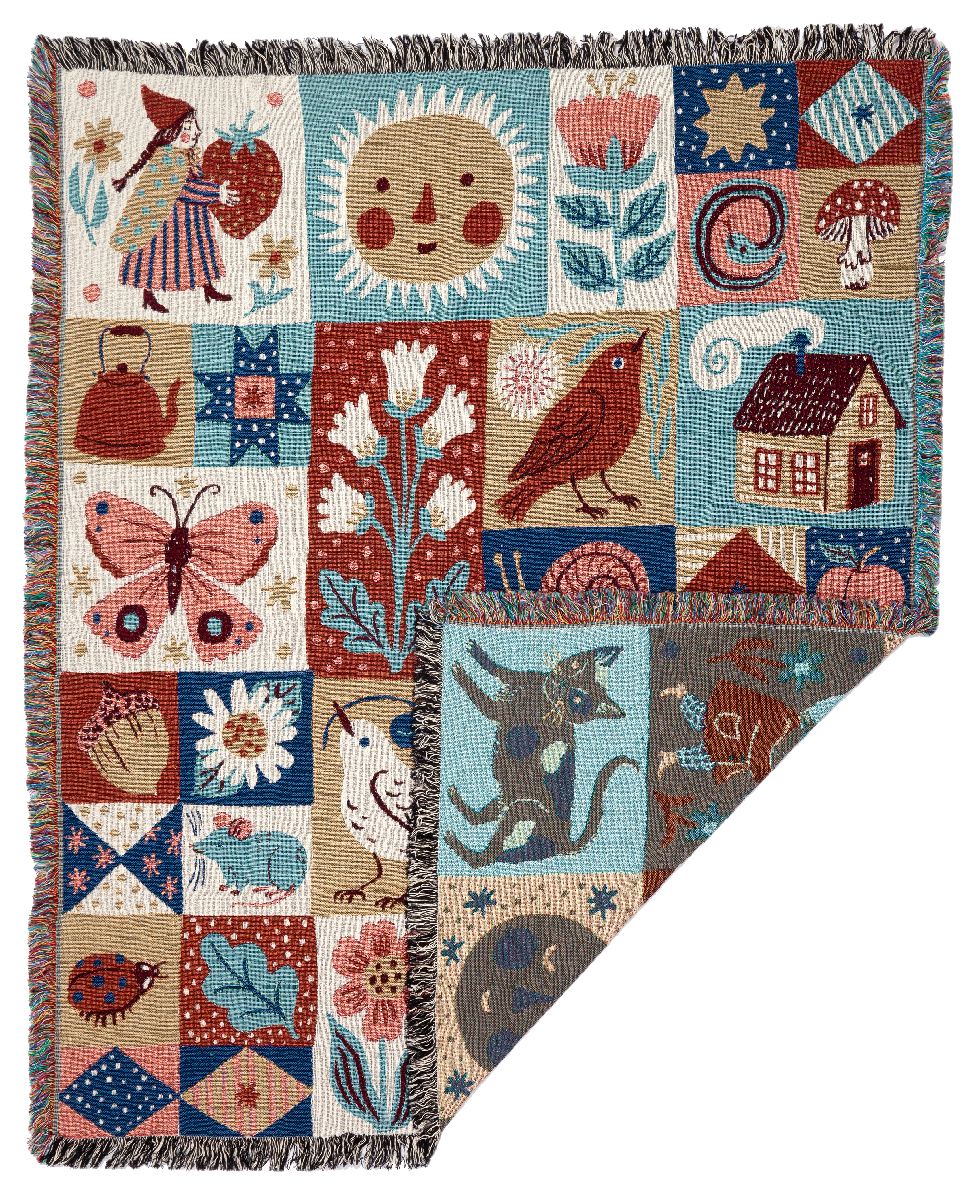 Phoebe's beautiful woven throw blankets are back! The Sunshine Throw Blanket is a wonder-filled patchwork design that includes classic Phoebe Wahl imagery of mushrooms, gnomes, and flowers. These amazing woven works of art can be hung on the wall as a tapestry or used as a throw to brighten up your space.