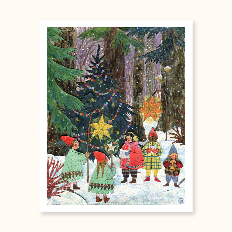 A wintery scene capturing the infectious joy of Christmas, with carolers, festive lights and a glimmering tree, this print brings a touch of seasonal magic to any space.