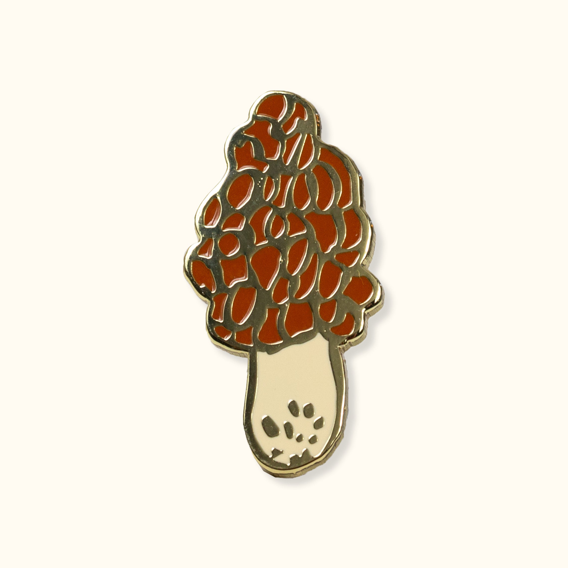 Morel mushroom shaped enamel pin with gold outline