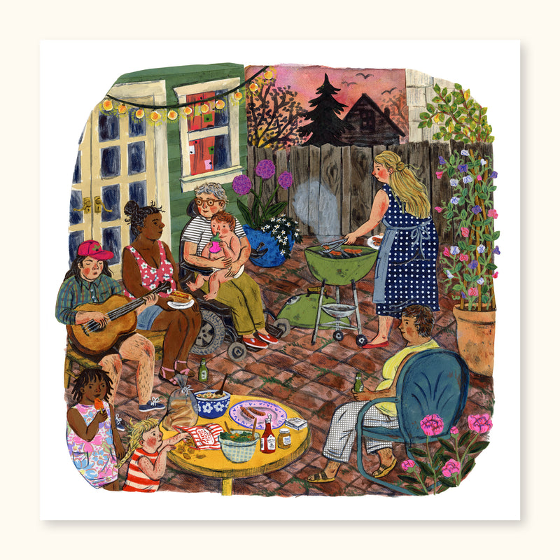 Capture the spirit of summer with this beautiful barbecue print. Enjoy a summer gathering of friends and family, complete with a magnificent sunset and the sweet sounds of guitar music drifting in the air. A perfect way to bring summer into your home.