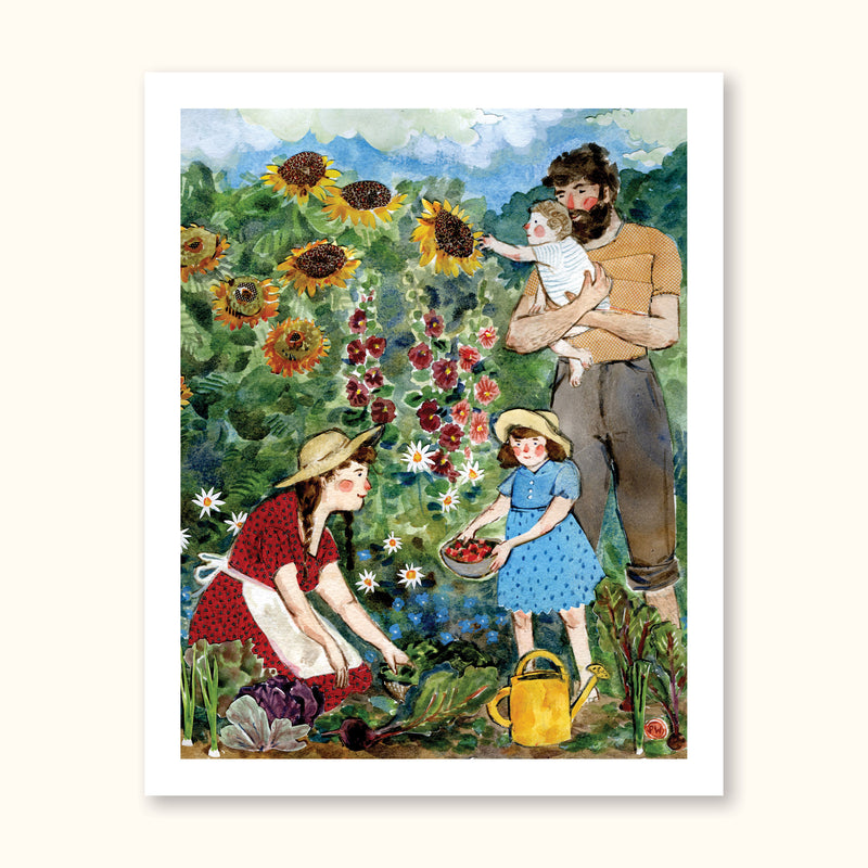 Part of the Seasons Set, a darling family works in the garden together, harvesting the fruits of summer.  This piece is part of the 2023 Archive Collection; a selection of Phoebe’s most beloved archived illustrations brought out of the vault as high quality prints to celebrate the 10 year anniversary of Phoebe’s business. These pieces were originally created with watercolor, collage, colored pencil, and gouache from 2013-2015.