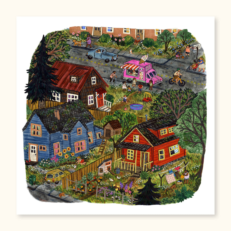 The Summertime Neighborhood Print features a vibrant summertime scene bustling with life. Colorful flowers grow and laundry dries in the warm summer breeze. Bring a lively, vibrant atmosphere to any space.