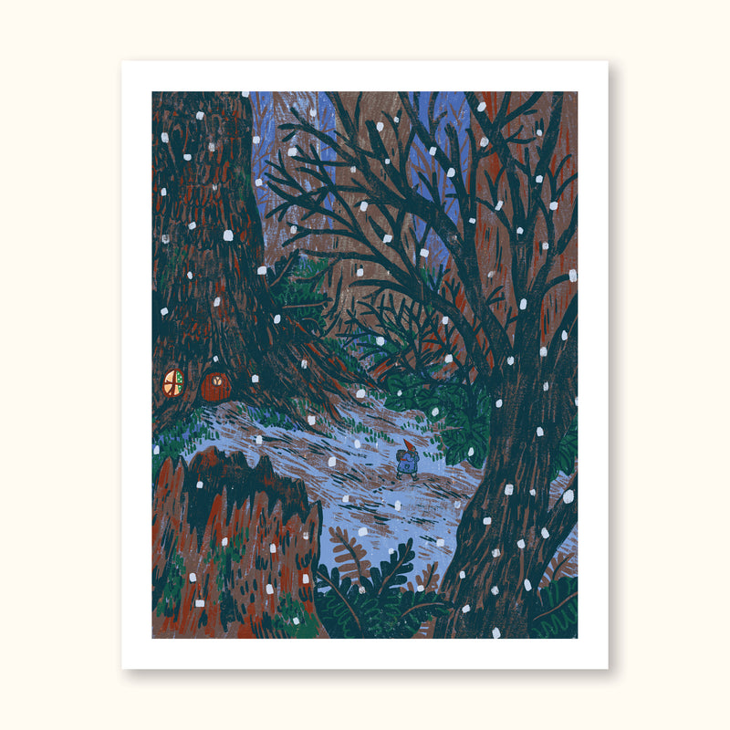 Part of our Little Witch Hazel Collection, experience the magical moment of the first snowfall with The First Flakes Print! This wintry wonder captures the moment winter has begun with Little Witch Hazel trekking fearlessly into the wild winter night.