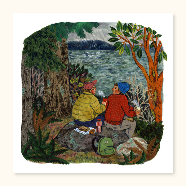 Enjoy majestic lake views and good friends with The Lookout Print. This stunning piece of art is a perfect way to capture a special moment of connecting in nature. 