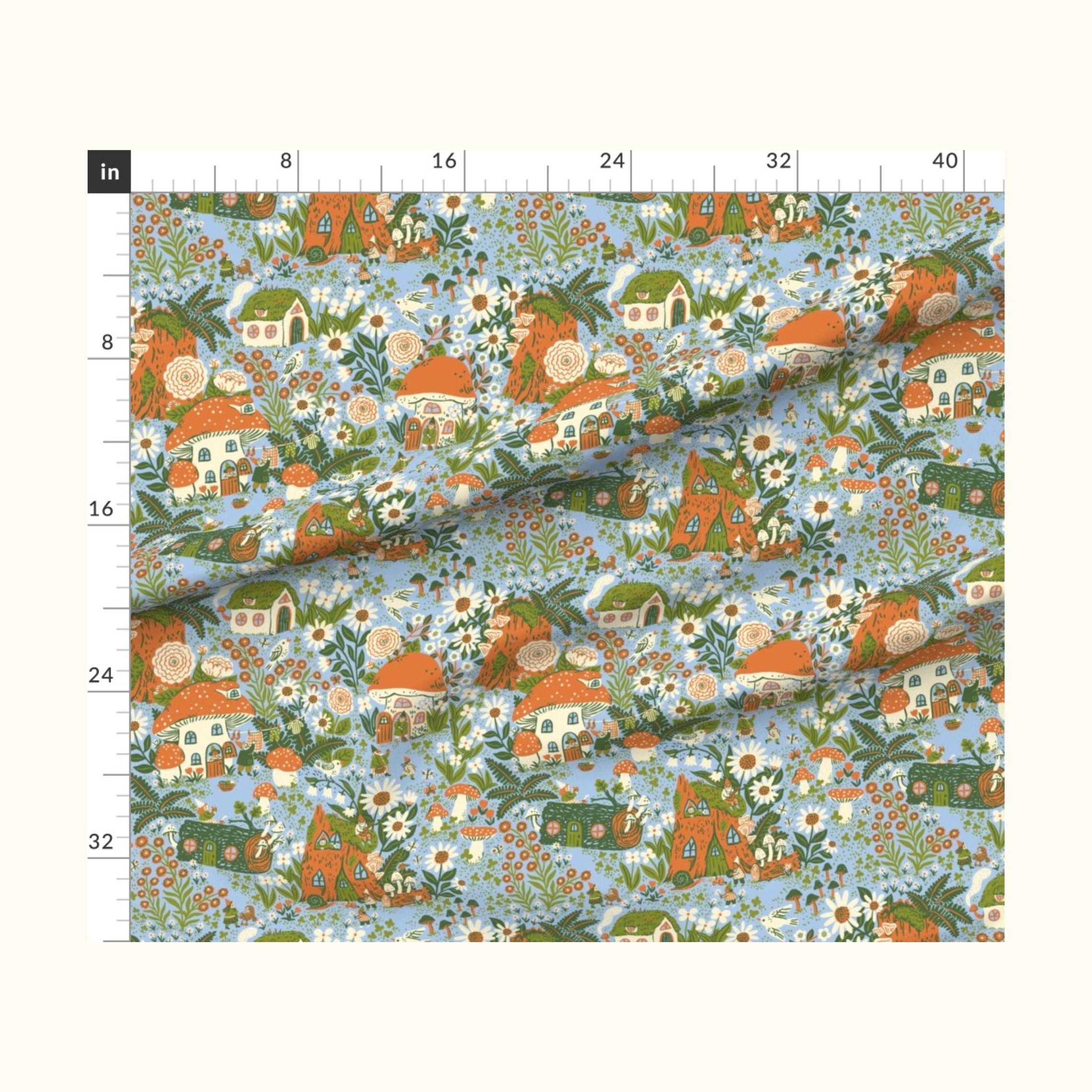 Blossom Gnome Village Blue Fabric