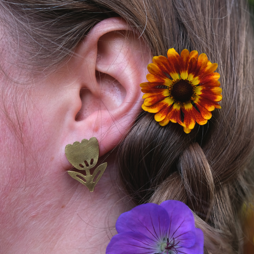 Brass Tulip Stud Earrings