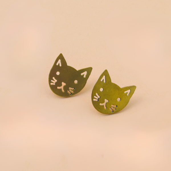 Brass Cat Stud Earrings