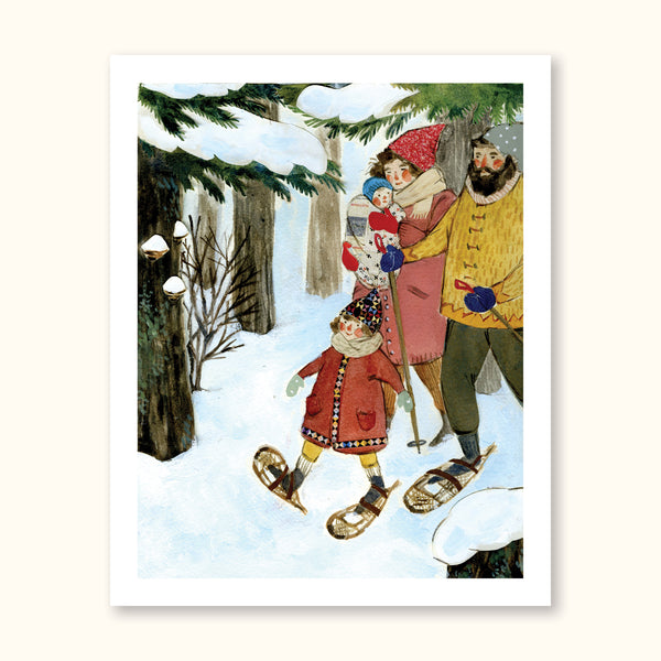 Part of the Seasons Set, a darling family snowshoes through the winter wood together, smiling at the snowcapped mushrooms, rocks, and trees.  This piece is part of the 2023 Archive Collection; a selection of Phoebe’s most beloved archived illustrations brought out of the vault as high quality prints to celebrate the 10 year anniversary of Phoebe’s business. These pieces were originally created with watercolor, collage, colored pencil, and gouache from 2013-2015.