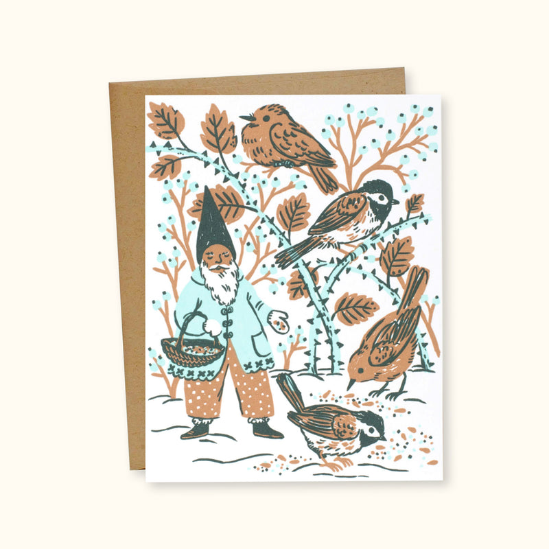 Bird Feeding Gnome Greeting Card