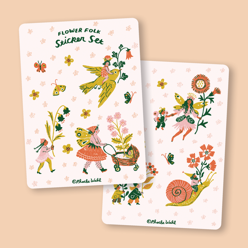 Release your inner fairy with the Flower Folk Sticker Set. Featuring fae, flowers, and butterfly friends, this sticker set adds a little bit of magic to your day. Perfect for decorating water bottles, notebooks, stationary and more! 