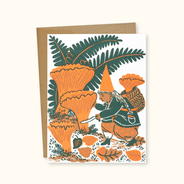 Mushroom Picking Gnome Greeting Card