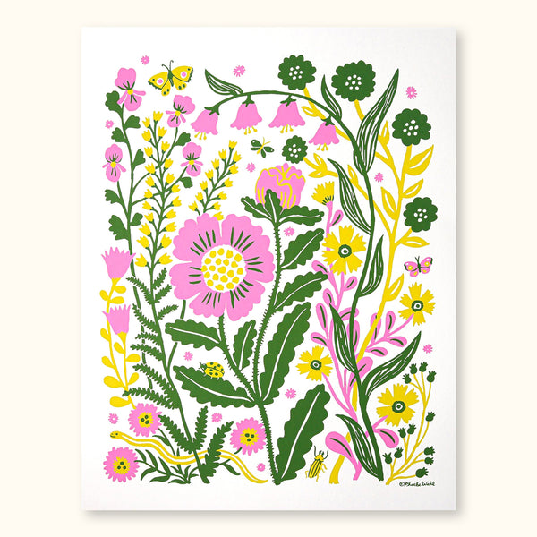 Sunshine in a print, The Flora Print features bright and punchy florals in vivid shades. Small creatures hide amongst the flora and fauna, bringing a delightful surprise to your space. 