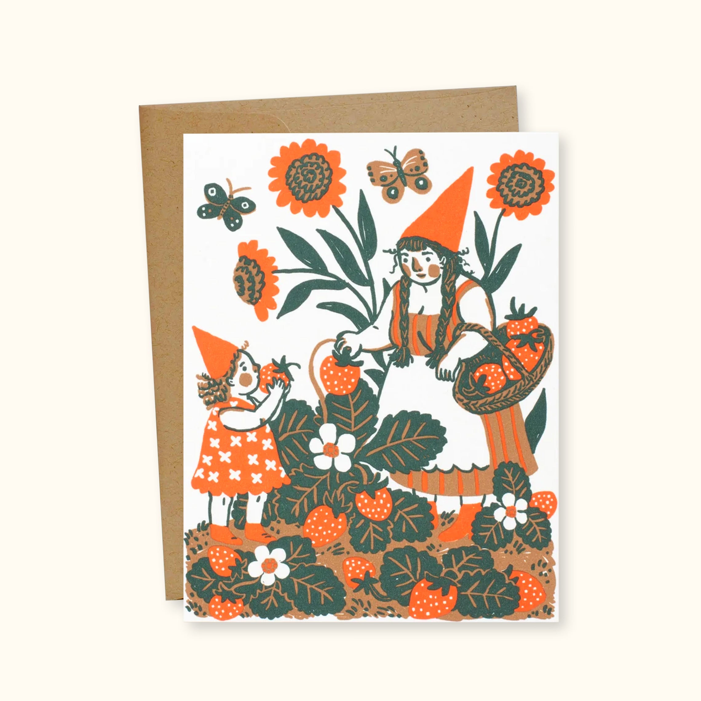 Strawberry Picking Gnomes Greeting Card