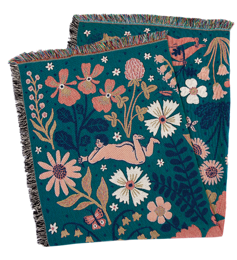 Phoebe's beautiful woven throw blankets are back! The Bloom Throw Blanket features mystical nature in all its glory, sprinkled with flower fae folk! These amazing woven works of art can be hung on the wall as a tapestry or used as a throw to brighten up your space. 