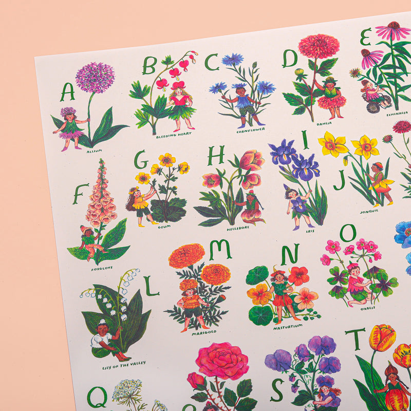 Discover a magical world of whimsical fairies, enchanting flowers and the whole alphabet in this colorful Flower Fairies Print. The perfect addition for a nursery, playroom, or any room you want to make extra special!