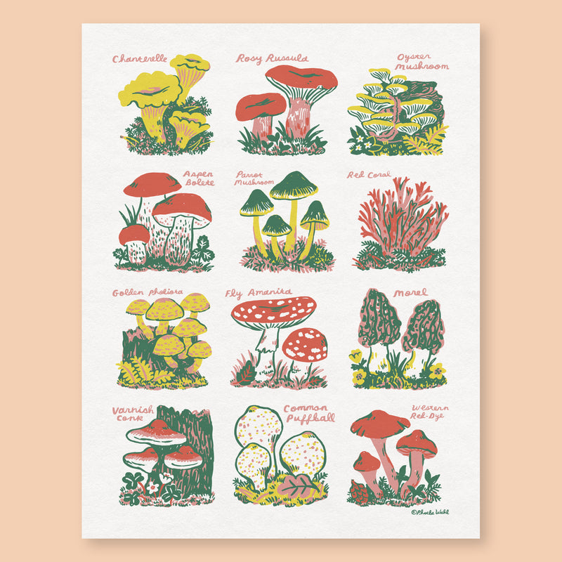 Feel the magic of forest foraging with our beautiful silkscreen Mushroom Print. An adorable and educational way for mycology enthusiasts to display a variety of fungi.